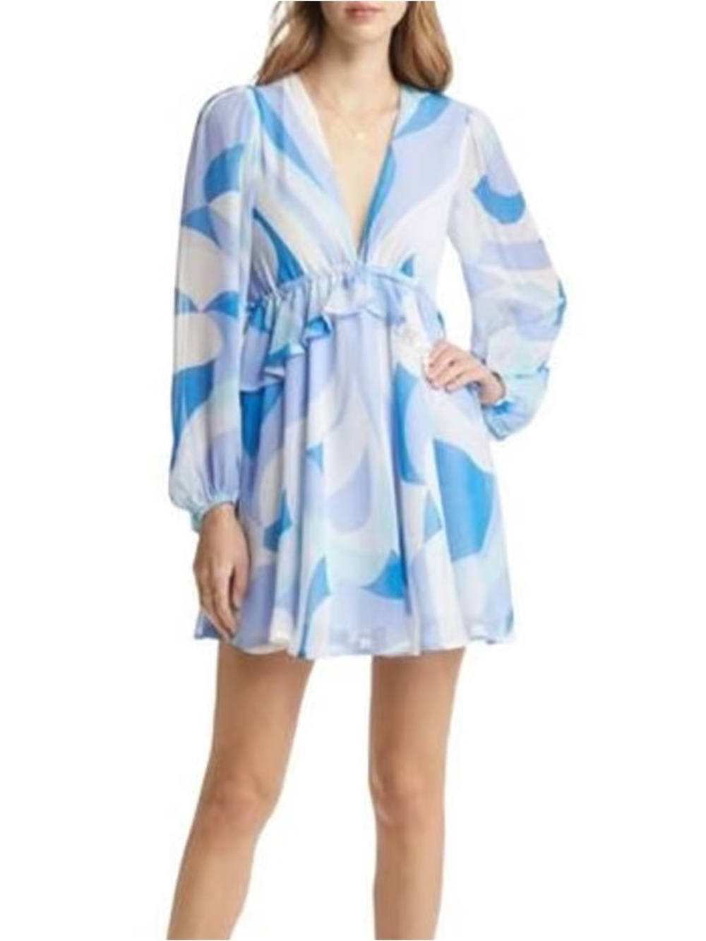 VICI Blue & White Abstract Ruffle V-Neck Long Sleeve Dress